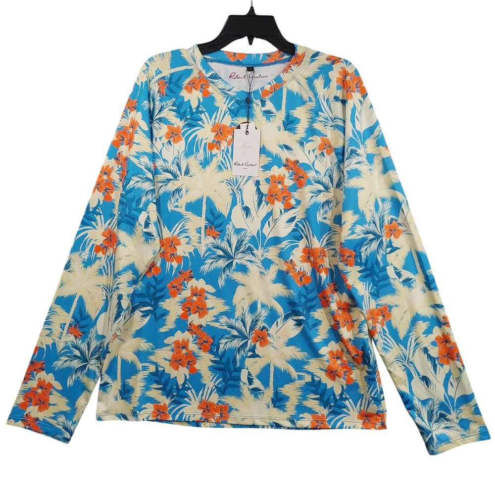 Robert Graham Rash Guard Mens L Azure Blue Tropical Forest UPF 50+ SMRG114
